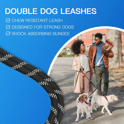 Pipidodo Dual Dog Leash with Shock Absorption, Tangle-Free 360° Swivel, and Comfortable Padded Handle for No-Pull Walking of Two Dogs