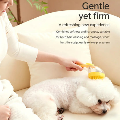 Pet Grooming Brush with Shampoo Dispenser Soft Silicone Dog Bath Brush for Short Hair Dogs & Cats Deshedding Massage Tool Non Slip Hand Grip 80Ml Capacity Kit with Bath Brush and Towel