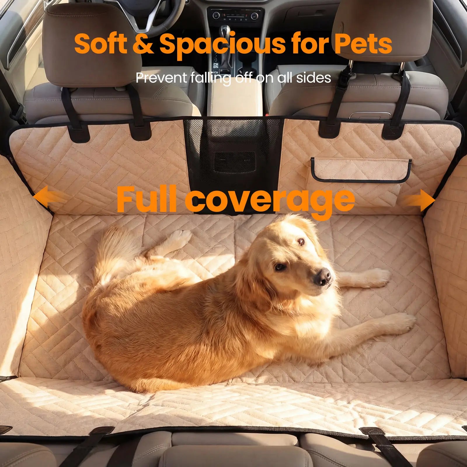VALUXE Large Dog Car Seat Cover - Waterproof Full-Cover Back Seat Protector, Foldable Design, Beige/Black