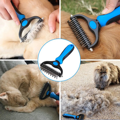 Dual-Sided Undercoat Rake and Grooming Brush for Dogs and Cats - Essential Tool for Shedding, Dematting, and Tangle Removal