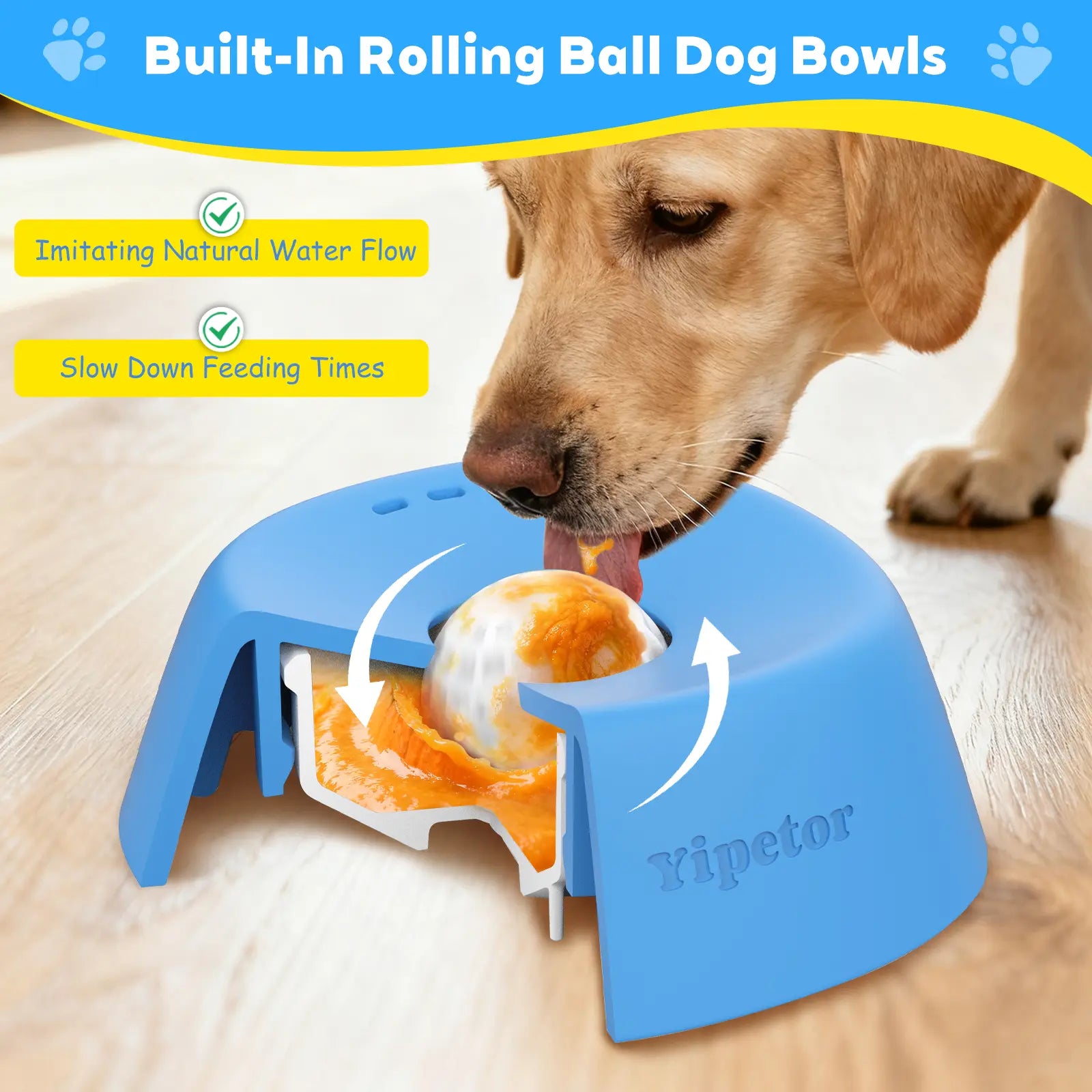 Yipetor Slow Feeder Dog Bowls with Rolling Ball, Multi-Purpose Liquid Treat Feeder for Post-Operative Nutrition, Zen Disc Foldable Silicone Lick Pad, BPA-Free Puzzle Feeder for All Breeds