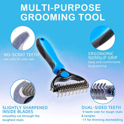 Dual-Sided Undercoat Rake and Grooming Brush for Dogs and Cats - Essential Tool for Shedding, Dematting, and Tangle Removal