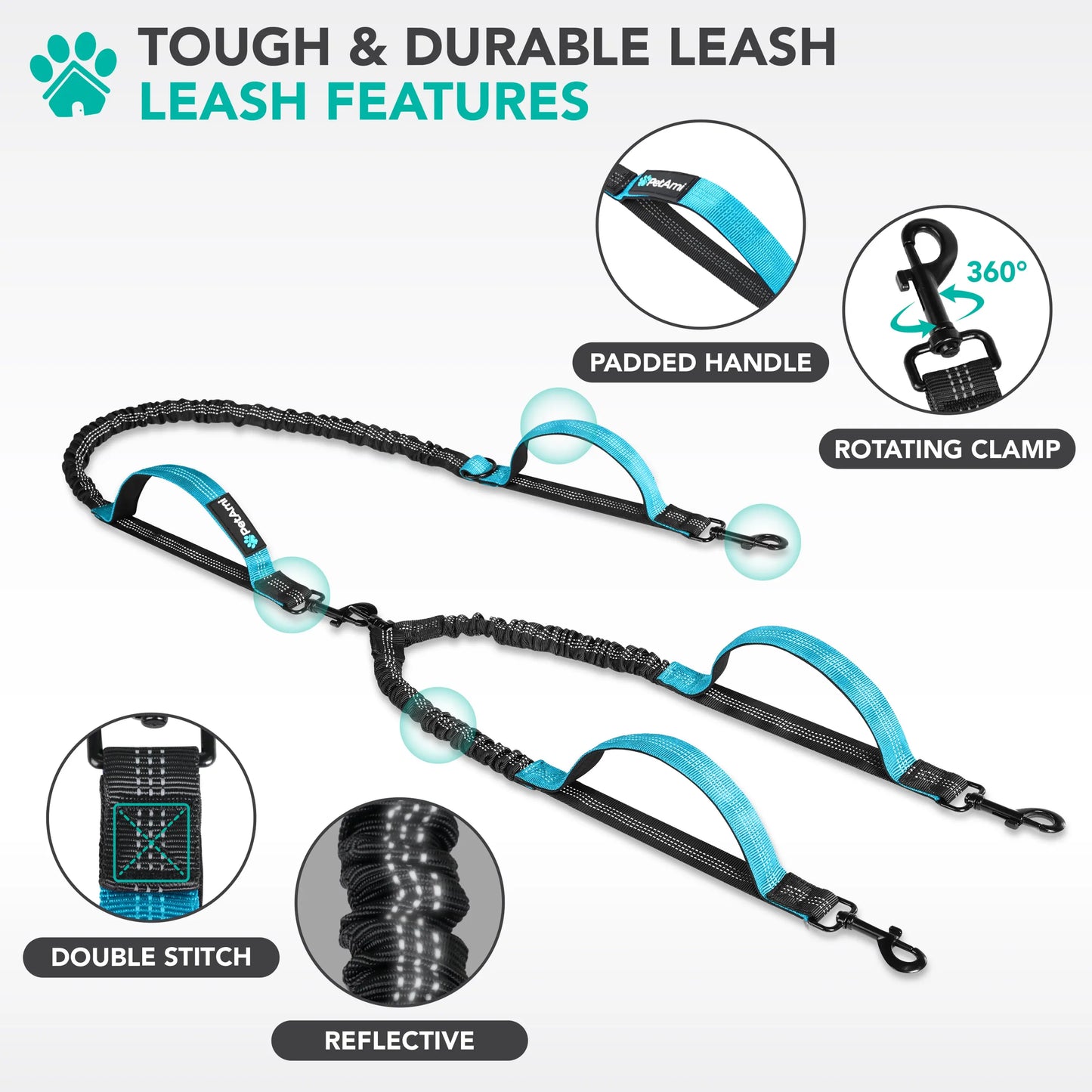 Petami Heavy-Duty Double Dog Leash with 360-Degree Swivel No-Tangle Coupler, Shock-Absorbing Bungee, Padded Handles, and Reflective Features for Medium and Large Dogs
