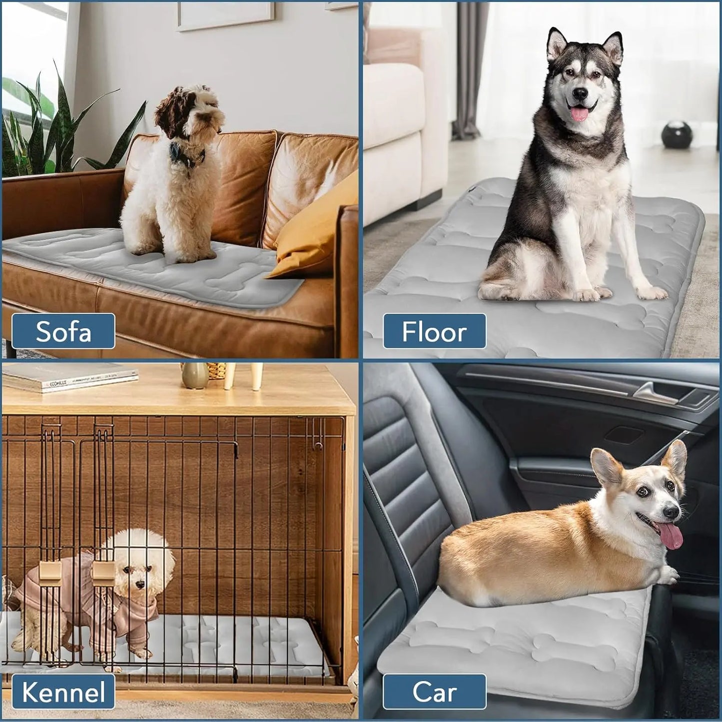 2Pcs Thicker Dog Cooling Mat for Dogs or Cats, Cute Bone Quiled Durable Non-Slip Long-Lasting Instant Cool Summer Pet Cooling Pad, No Geal No Electric Portable Lightweight Washable Indoor Outdoor Cold Kennel Crate Bed for Large Dogs, Grey #Summervibes