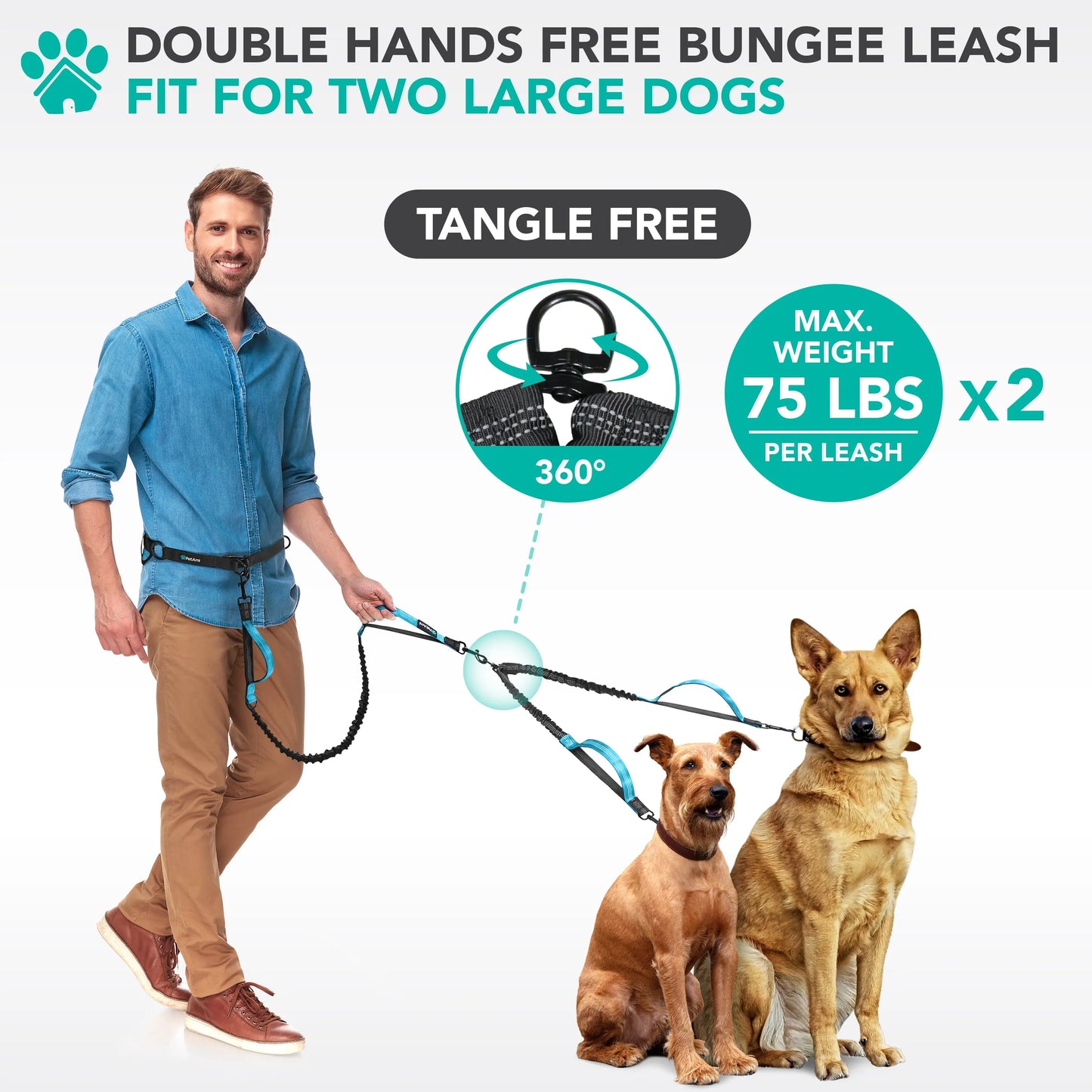 Petami Heavy-Duty Double Dog Leash with 360-Degree Swivel No-Tangle Coupler, Shock-Absorbing Bungee, Padded Handles, and Reflective Features for Medium and Large Dogs