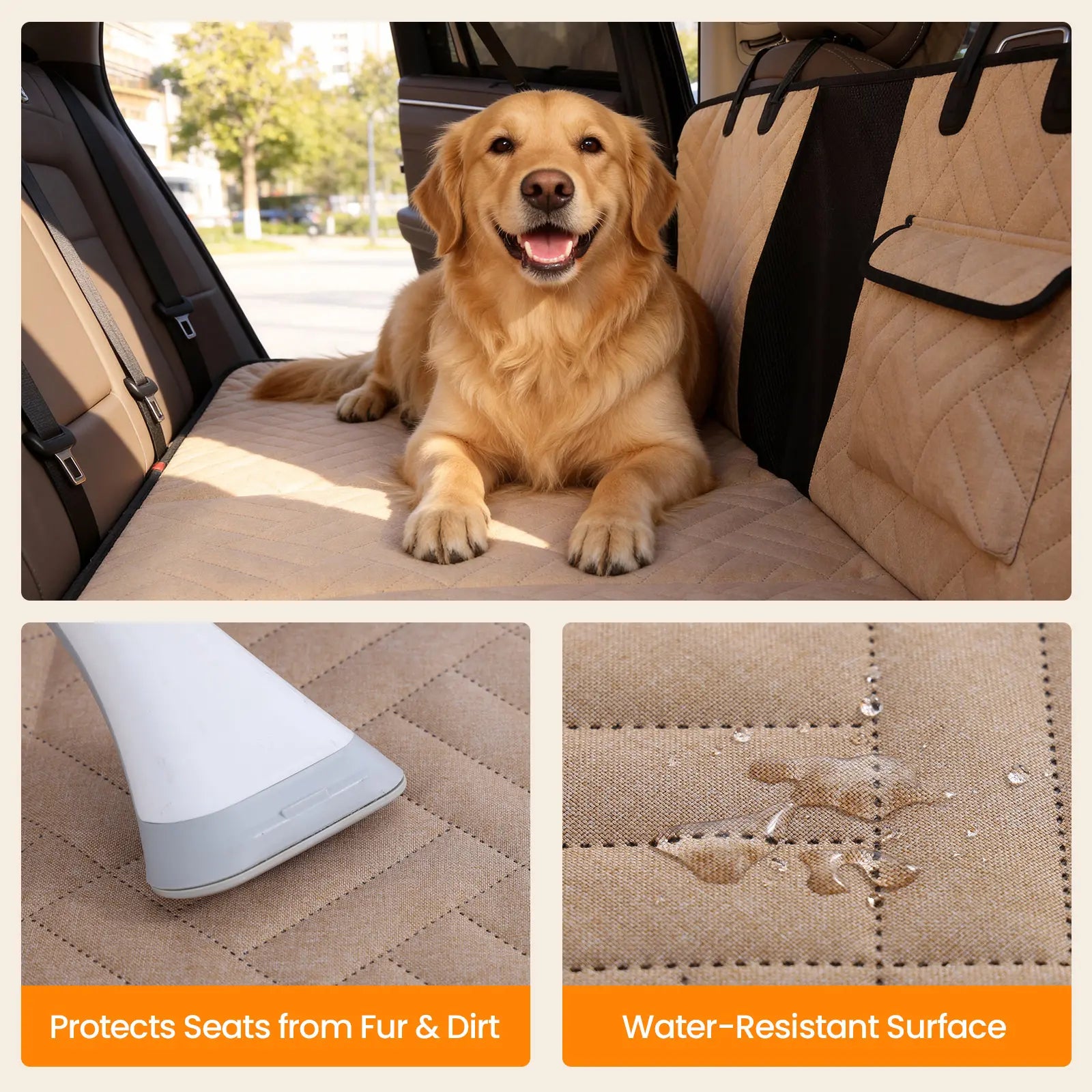 VALUXE Large Dog Car Seat Cover - Waterproof Full-Cover Back Seat Protector, Foldable Design, Beige/Black