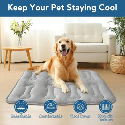 2Pcs Thicker Dog Cooling Mat for Dogs or Cats, Cute Bone Quiled Durable Non-Slip Long-Lasting Instant Cool Summer Pet Cooling Pad, No Geal No Electric Portable Lightweight Washable Indoor Outdoor Cold Kennel Crate Bed for Large Dogs, Grey #Summervibes