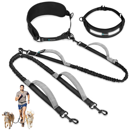 Petami Heavy-Duty Double Dog Leash with 360-Degree Swivel No-Tangle Coupler, Shock-Absorbing Bungee, Padded Handles, and Reflective Features for Medium and Large Dogs