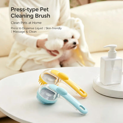 Pet Grooming Brush with Shampoo Dispenser Soft Silicone Dog Bath Brush for Short Hair Dogs & Cats Deshedding Massage Tool Non Slip Hand Grip 80Ml Capacity Kit with Bath Brush and Towel