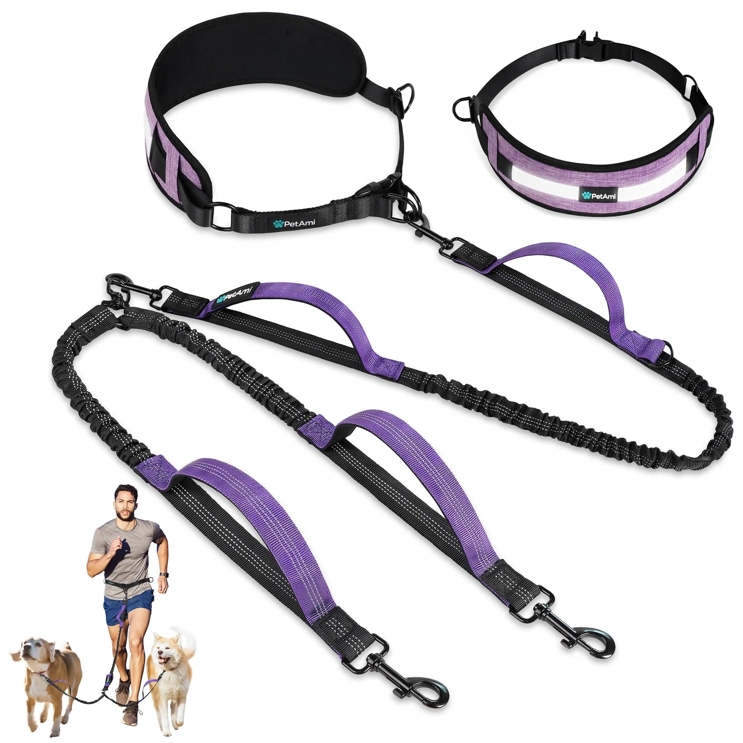 Petami Heavy-Duty Double Dog Leash with 360-Degree Swivel No-Tangle Coupler, Shock-Absorbing Bungee, Padded Handles, and Reflective Features for Medium and Large Dogs