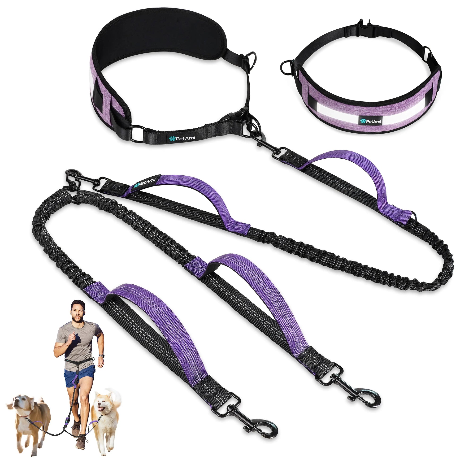 Petami Heavy-Duty Double Dog Leash with 360-Degree Swivel No-Tangle Coupler, Shock-Absorbing Bungee, Padded Handles, and Reflective Features for Medium and Large Dogs