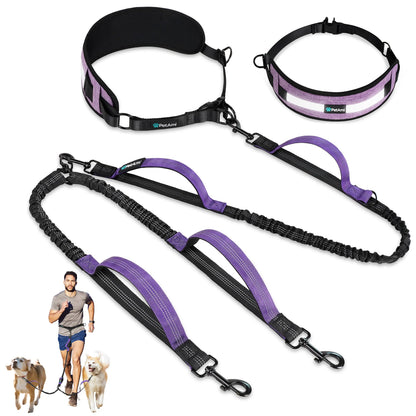 Petami Heavy-Duty Double Dog Leash with 360-Degree Swivel No-Tangle Coupler, Shock-Absorbing Bungee, Padded Handles, and Reflective Features for Medium and Large Dogs