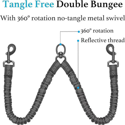 Pipidodo Dual Dog Leash with Shock Absorption, Tangle-Free 360° Swivel, and Comfortable Padded Handle for No-Pull Walking of Two Dogs