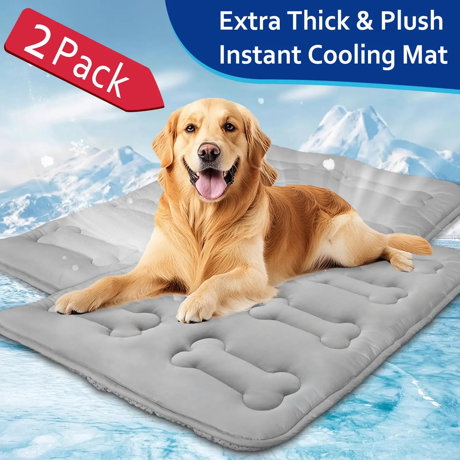 2Pcs Thicker Dog Cooling Mat for Dogs or Cats, Cute Bone Quiled Durable Non-Slip Long-Lasting Instant Cool Summer Pet Cooling Pad, No Geal No Electric Portable Lightweight Washable Indoor Outdoor Cold Kennel Crate Bed for Large Dogs, Grey #Summervibes