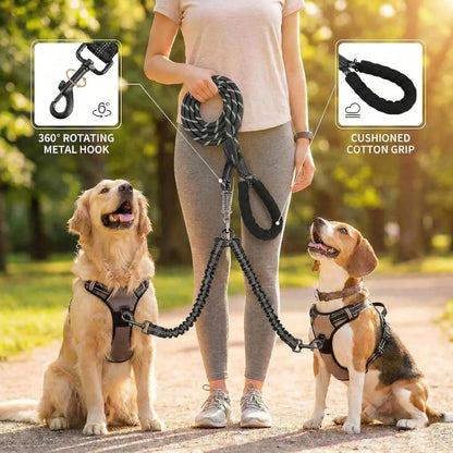 Pipidodo Dual Dog Leash with Shock Absorption, Tangle-Free 360° Swivel, and Comfortable Padded Handle for No-Pull Walking of Two Dogs