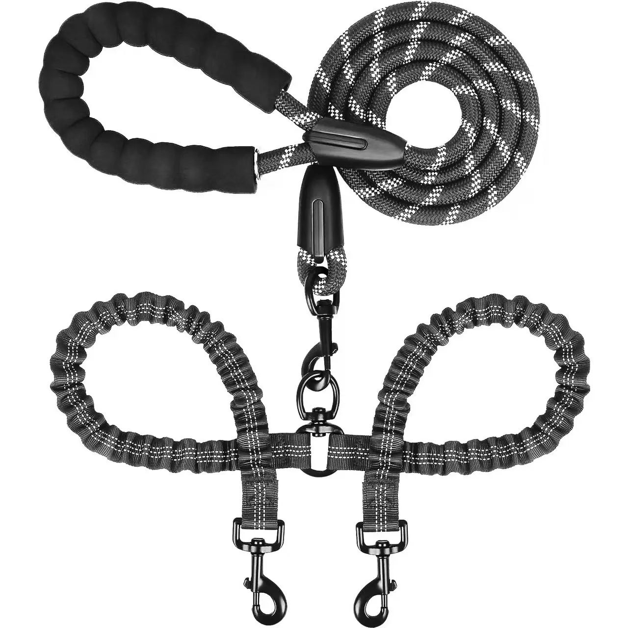Pipidodo Dual Dog Leash with Shock Absorption, Tangle-Free 360° Swivel, and Comfortable Padded Handle for No-Pull Walking of Two Dogs