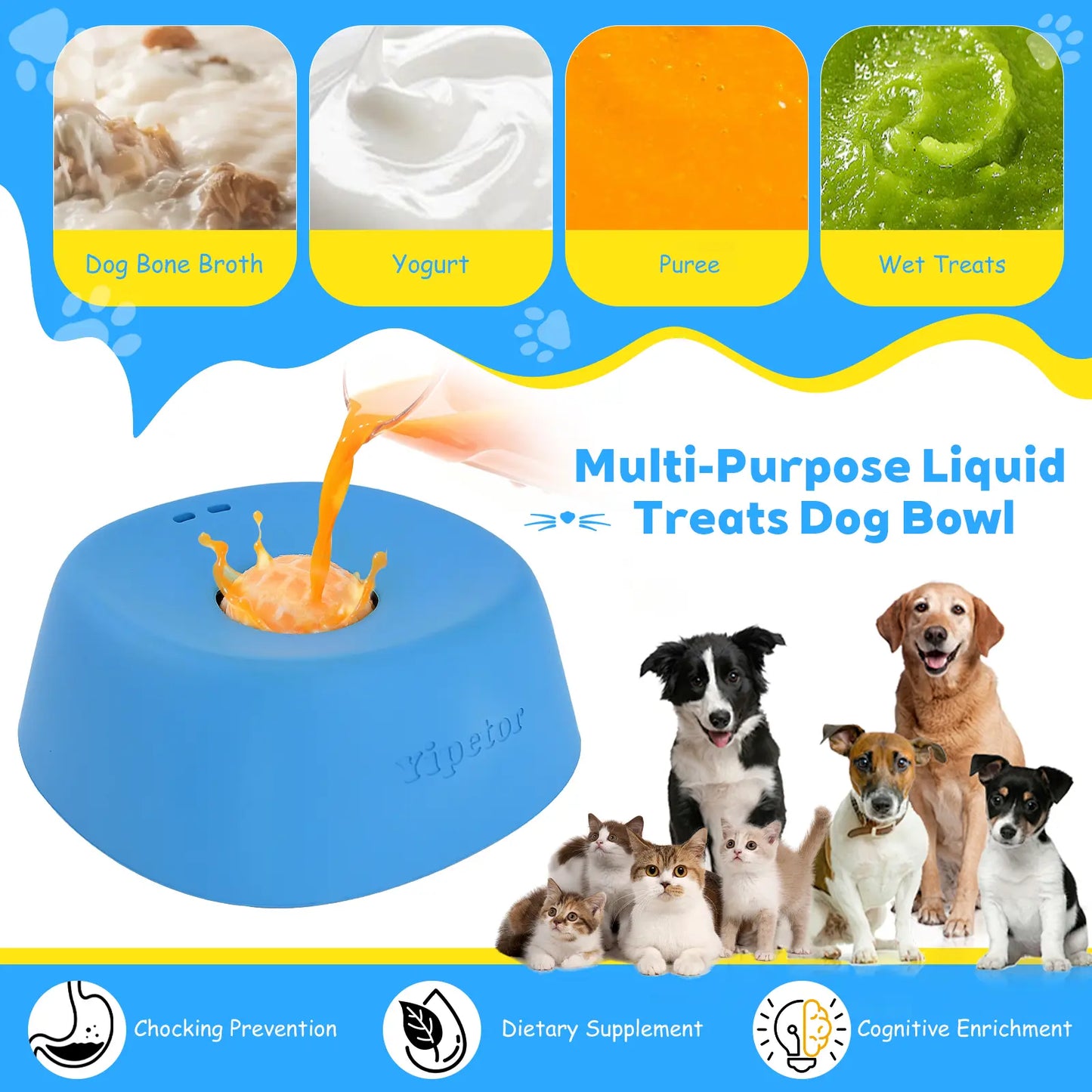 Yipetor Slow Feeder Dog Bowls with Rolling Ball, Multi-Purpose Liquid Treat Feeder for Post-Operative Nutrition, Zen Disc Foldable Silicone Lick Pad, BPA-Free Puzzle Feeder for All Breeds
