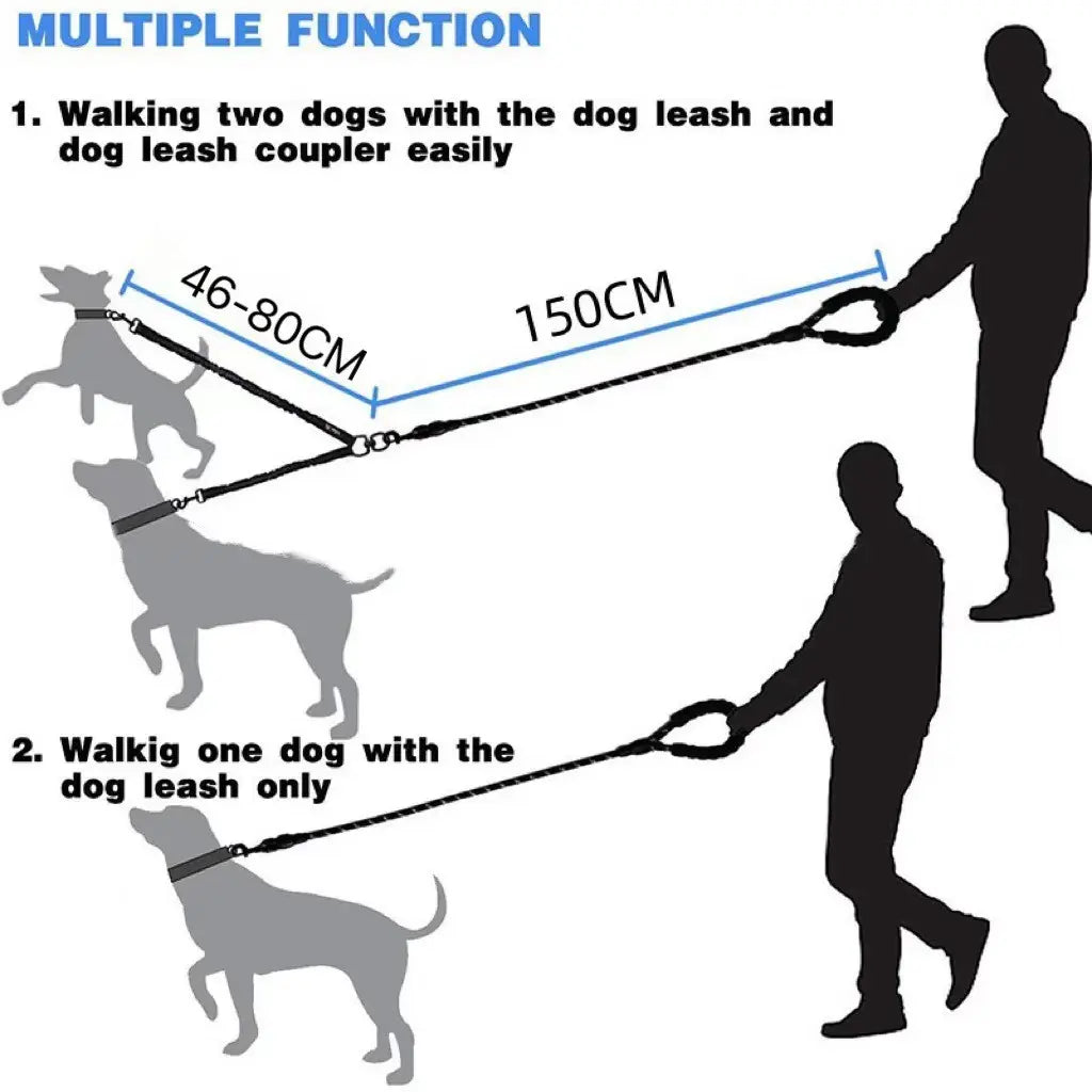 Pipidodo Dual Dog Leash with Shock Absorption, Tangle-Free 360° Swivel, and Comfortable Padded Handle for No-Pull Walking of Two Dogs